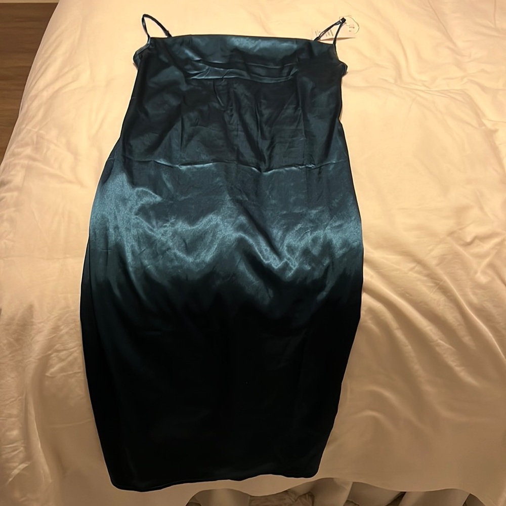 Dress. Satin. Green. 3/4 length adj spaghetti straps